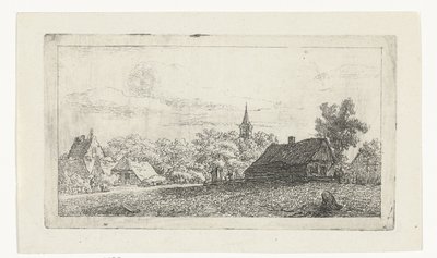 Landsbyutsikt med kirketårn mellom trærne av Johannes Franciscus Christ