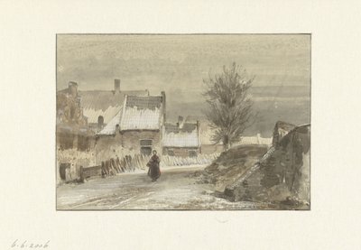 Vinterutsikt med kvinne stående på isen av Johannes Franciscus Hoppenbrouwers