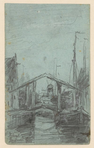 Utsikt over Dordrecht med vindebro av Johannes Gijsbert Vogel
