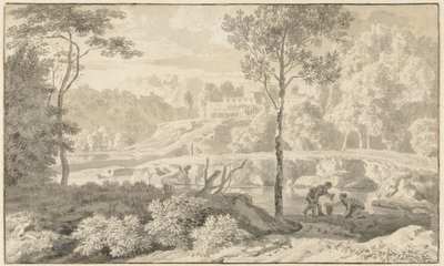 Arkadisk landskap med figurer ved en innsjø av Johannes Glauber
