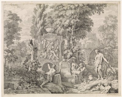 Landskap med en fontene og Diana og nymfene hennes Bibelske, mytologiske og allegoriske representasjoner (serietittel) av Johannes Glauber
