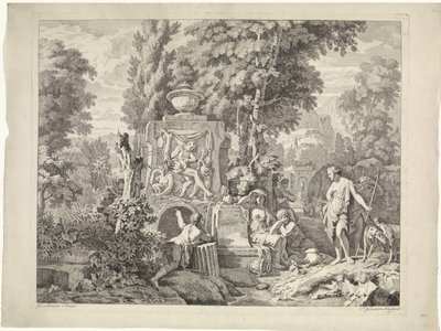 Landskap med en fontene og Diana og nymfene hennes Bibelske, mytologiske og allegoriske representasjoner (serietittel) av Johannes Glauber