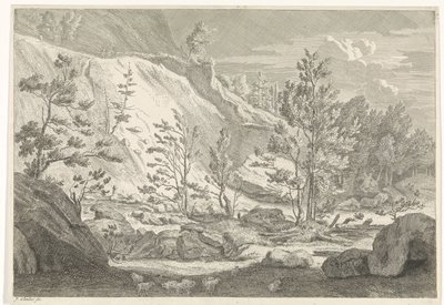 Ravine med en flokk sauer Landskap i Chartreuzer-fjellene (serietittel) av Johannes Glauber