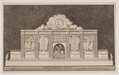 "Fasade av Illuminations-dekorasjonen som Banqven i Kiøbenhavn ved Børsen har reist i anledning Hans Høyhet Kong Friderich den V Liig-prosesjon" av Johannes Gottfred Bradt