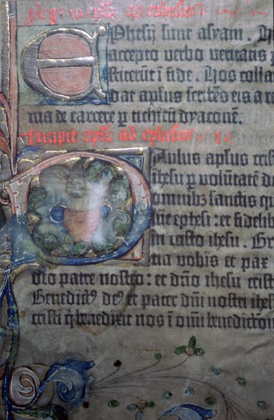 Detalj fra Gutenberg-bibelen fra det femtende århundre, av åpningen av Efeserne av Johannes Gutenburg