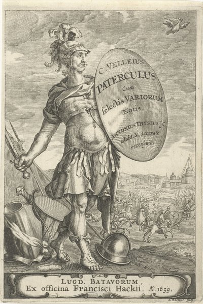 Romeinse krijgsman voor een slagveld Tittelside for Caius Velleius Paterculus cum Selectis Variorum Notis, 1659 av Johannes Hackius