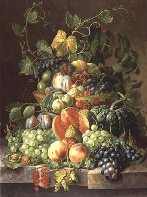 Fruktkurv (olje på panel) av Johannes Hendrick Fredriks