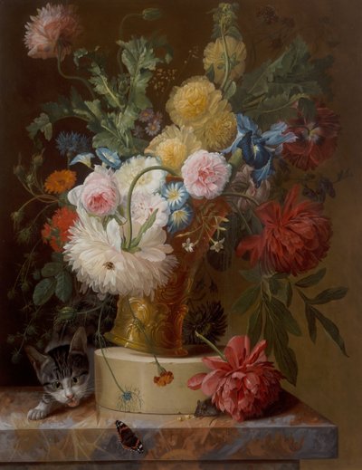 Stilleben Av Blomster På En Avsats Med En Katt av Johannes Hendrick Fredriks