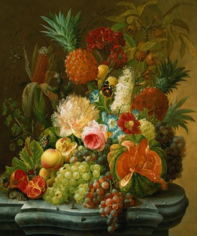 Stilleben med en melon og druer av Johannes Hendrick Fredriks