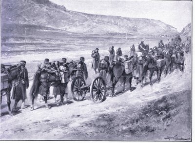Et batteri med feltkanoner på vei til Ichon, illustrasjon fra Cassells History of the Russo-Japanese War Vol 1, ca. 1900 av Johannes Hermann Barend Koekkoek