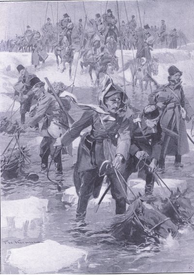 En prestasjon av hestekunst. Russisk kavaleri krysser en elv , illustrasjon fra Cassells History of the Russo-Japanese War Vol 1, ca. 1900 av Johannes Hermann Barend Koekkoek