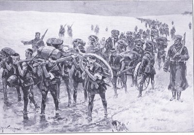Japansk på marsj. Menn i stedet for flokkponnier, illustrasjon fra Cassells History of the Russo-Japanese War Vol 1, ca. 1900 av Johannes Hermann Barend Koekkoek