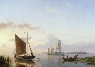 Seilfartøy i en elvemunning, 1853 av Johannes Hermann Barend Koekkoek