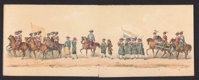 Historisk prosesjon av studenter ved Groningen University of Applied Sciences, 1850 (plate 2) Utkledd representasjon av inngangen til Maurits, Prins av Orange, greve av Nassau, etc. og Willem Lodewijk, greve av Nassau, i Groningen i år 1594, av H.H av Johannes Hermanus van de Weijer