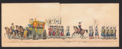 Historisk prosesjon av studenter ved Groningen University of Applied Sciences, 1850 (plate 4) Utkledd representasjon av inngangen til Maurits, Prins av Orange, greve av Nassau, etc. og Willem Lodewijk, greve av Nassau, i Groningen i år 1594, av H.H av Johannes Hermanus van de Weijer