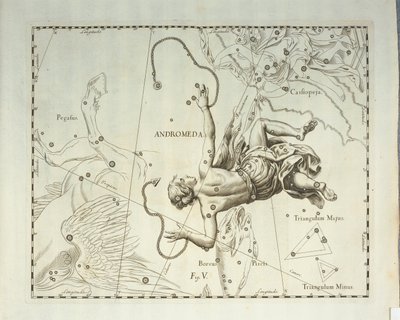 Boreal konstellasjon av Andromeda, gravering fra himmelatlas Firmamentum Sobiescianum sive Uronographia, av Johann Hevelius (1611-1687), Gdansk av Johannes Hevelius