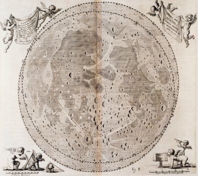 Første detaljerte kart over månen tegnet i 1647 av Johann Hevelius, trykk hentet fra Johann Hevelius (1611-1687) himmelatlas Selenographia sive Lunae descriptio, Gdansk av Johannes Hevelius