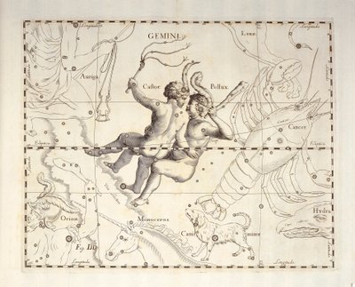 Gemini-konstellasjon av Gemini, gravering fra himmelatlas Firmamentum Sobiescianum sive Uronographia, av Johann Hevelius (1611-1687), Gdansk av Johannes Hevelius