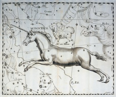 Monoceros, konstellasjon av enhjørning, gravering fra himmelatlaset Firmamentum Sobiescianum sive Uronographia, av Johann Hevelius (1611-1687), Gdansk av Johannes Hevelius