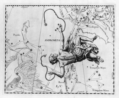 Stjernebildet Andromede. Plate tegnet fra "The Firmament of Sobiescanum or Uranography" av Johannes Hevelius eller Hevel (1611-1687) av Johannes Hevelius
