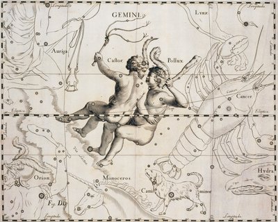Konstellasjonen Tvillingene, illustrasjon fra Firmamentum Sobiescianum sive Uranographia, av Johann Hevelius (1611-1687), Gdansk 1690 av Johannes Hevelius