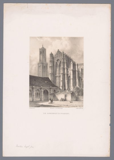 Utsikt over Dom-kirken og Dom-tårnet i Utrecht Domkirken i Utrecht (tittel på objekt) Nederlandsk by- og havneutsikt etter tegninger av Everhardus Koster (serietittel) E. Kosters skissebok: Dutch City and Harbour Views (serietittel) av Johannes Hilverdink