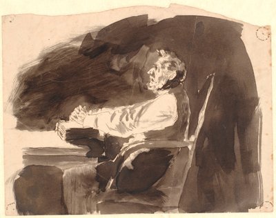 Gammel mann ved et bord med en bibel av Johannes Holbek