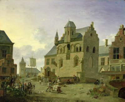 Bytorg med figurer og bønder som handler på en markedsplass (panel) av Johannes Huibert Prins