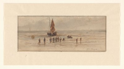 Strandscene med fiskere og seilskute av Johannes Huygens (signed by artist)