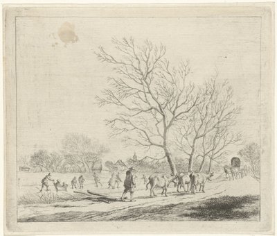 Vinterlandskap med kuer og skatere desember De tolv månedene (serietittel) De fargede tegningene til de 12 måneder (...) (serietittel) av Johannes Janson