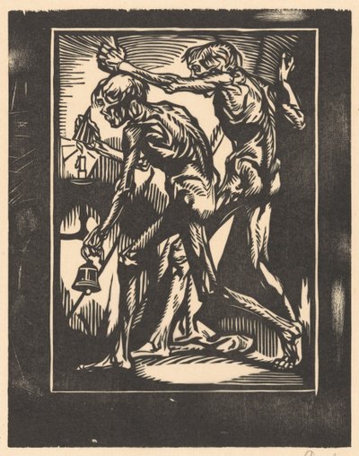 To nakne mannsfigurer med bjelle og lysslukker av Johannes Josephus Aarts (signed by artist)