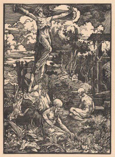 Korsfestet mann i kupert landskap av Johannes Josephus Aarts
