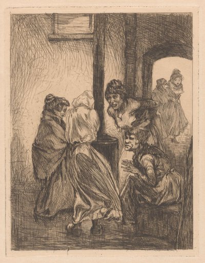 Fire kvinner krøp sammen rundt en komfyr av Johannes Josephus Aarts
