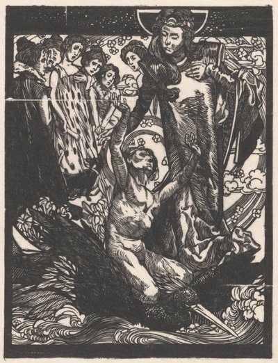 Kvinnefigurer med mann på fugleryggen av Johannes Josephus Aarts