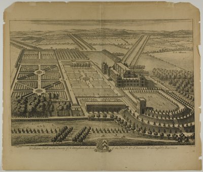 Wollaton Hall i County of Nottingham, plate 68 fra Britannia Illustrata av Johannes Kip
