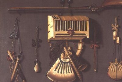 Et Trompe lOeil stilleben av en pistol, et pulverhorn, en burfugl og jaktutstyr av Johannes Leemans