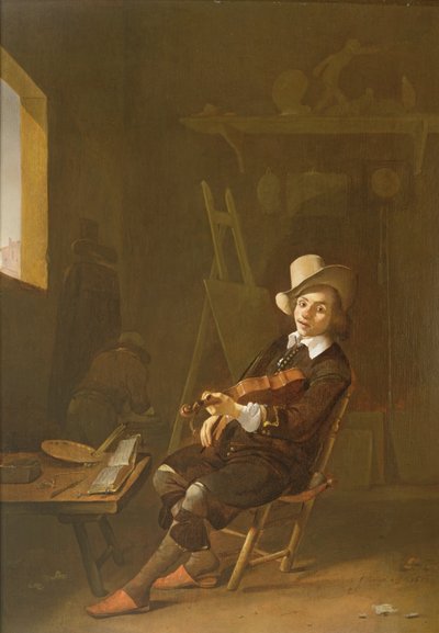 Selvportrett av artisten som spiller fiolin av Johannes Lingelbach
