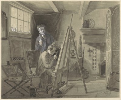 Selvportrett av Johannes Marius van Kate, stående i studioet sitt med en besøkende av Johannes Marius ten Kate
