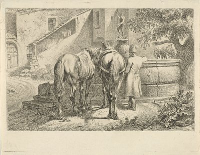 Drikkehester ved en fontene av Johannes Mock