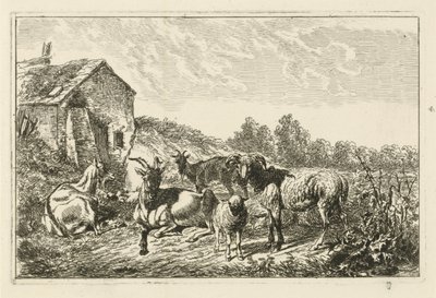 Fire geiter og en sau ved et hus av Johannes Mock