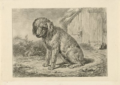Sittende hund ved en låve av Johannes Mock