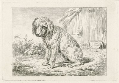 Sittende hund ved en låve av Johannes Mock