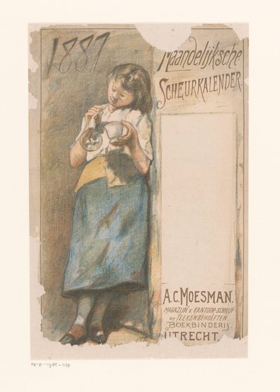 Avrivningskalender med bobleblåsende jente Månedlig tårekalender 1887 (tittel på objekt) av Johannes Moesman