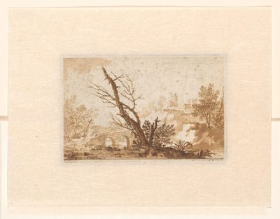 Italiensk landskap med et tre, en bro og noen bygninger av Johannes Petrus van Horstok