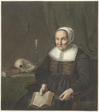 Portrett av en sittende gammel kvinne med en åpen bok av Johannes Pieter de Frey