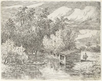 Naust ved en elv av Johannes Pieter van Wisselingh