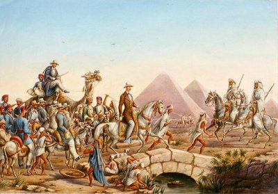 Prins Albert av Preussen med sitt følge på turné i pyramidene i Giza (akvarell på papir) av Johannes Rabe