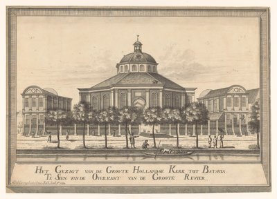 Utsikt over den nye nederlandske kirken i Batavia Utsikten fra Groote Hollandse Kerk til Batavia Te Sien fra den andre siden av Groote Revier (tittel på objekt) av Johannes Rach