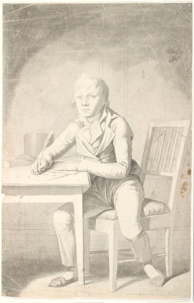 Ung skrivende gutt sitter ved et bord av Johannes Senn