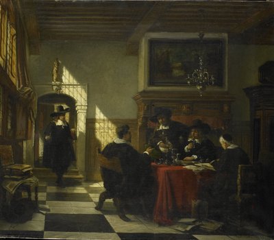 Selskap i 1600-tallsdrakt ved et bord hvorpå en Nautilus-kopp av Johannes Stroebel